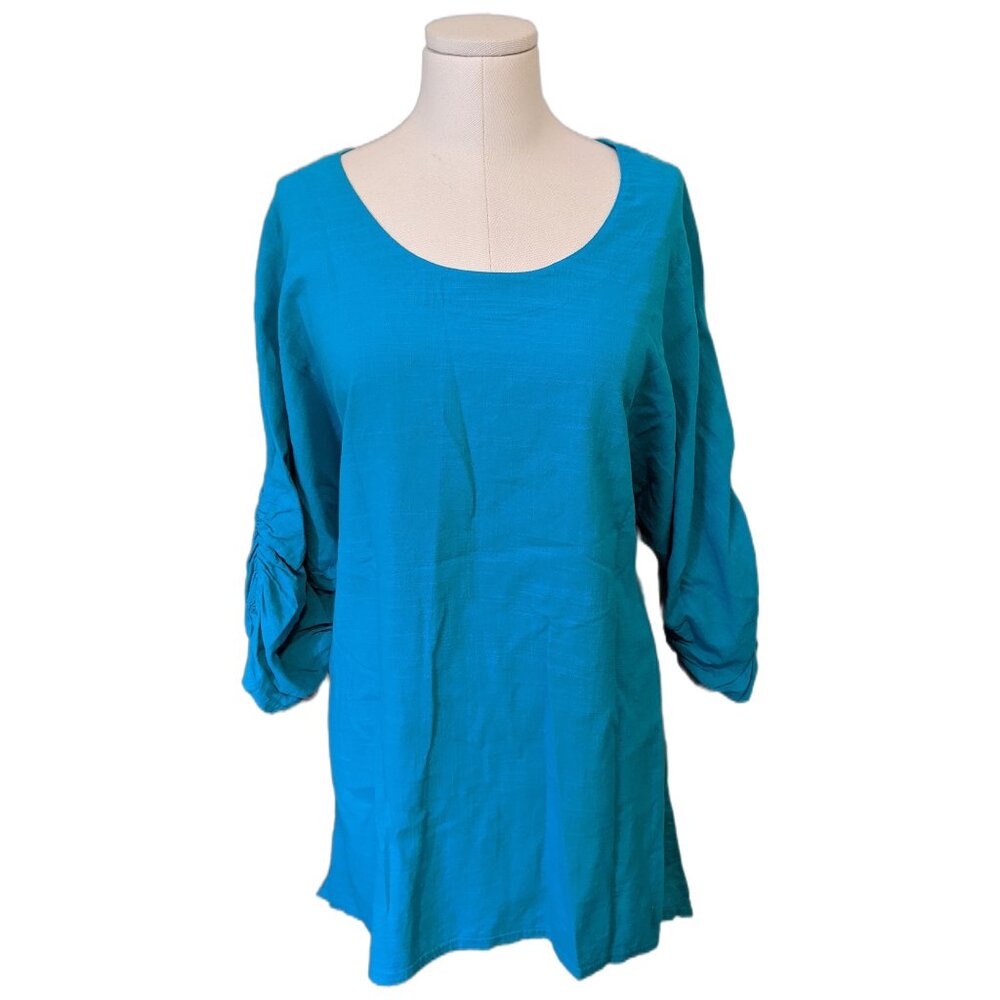 Womens Turquoise 100% Cotton Texture Tunic Top 3/4 Ruched Sleeve Lagenlook XL